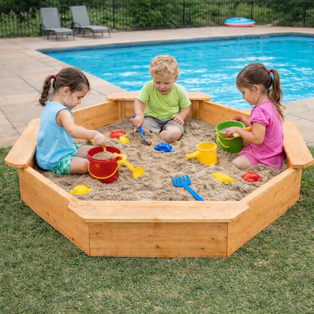 Детски Дървен Пясъчник 8 Странен Модел С 4 Седалки, 134.5×134.5 См Ginger Home