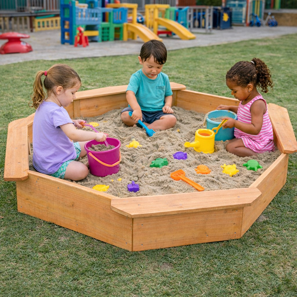 Детски Дървен Пясъчник 8 Странен Модел С 4 Седалки, 134.5×134.5 См Ginger Home