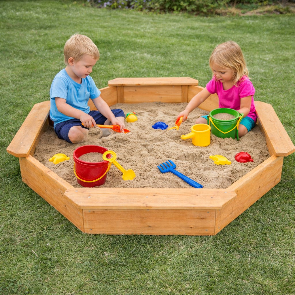Детски Дървен Пясъчник 8 Странен Модел С 4 Седалки, 134.5×134.5 См Ginger Home