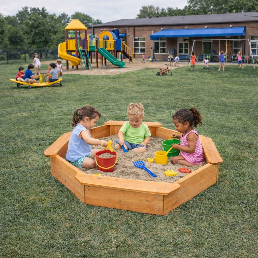 Детски Дървен Пясъчник 8 Странен Модел С 4 Седалки, 134.5×134.5 См Ginger Home
