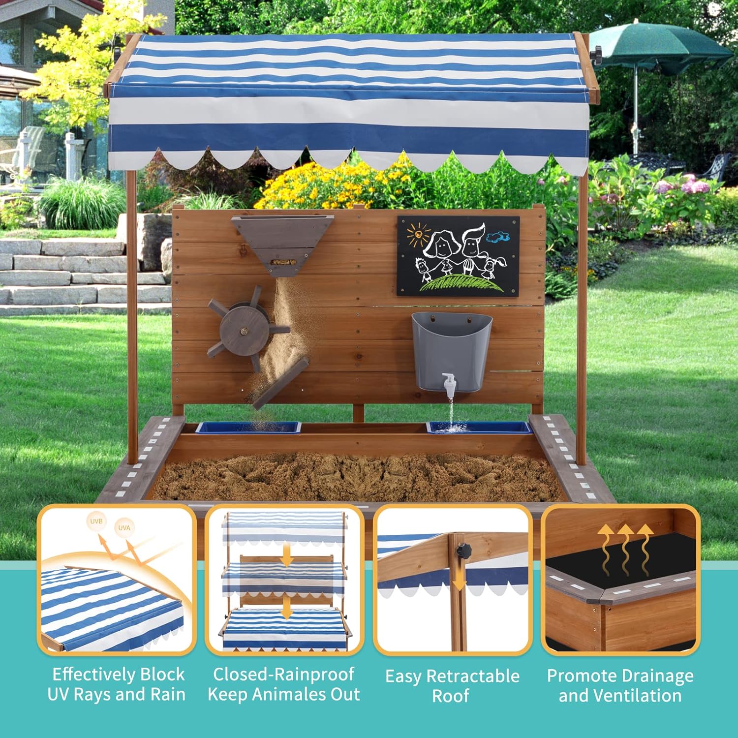 Детски Дървен Пясъчник Ginger Home С Регулируем Покрив, Аксесоари За Игра 120X120X120 См – Идеален За Двор И Градина