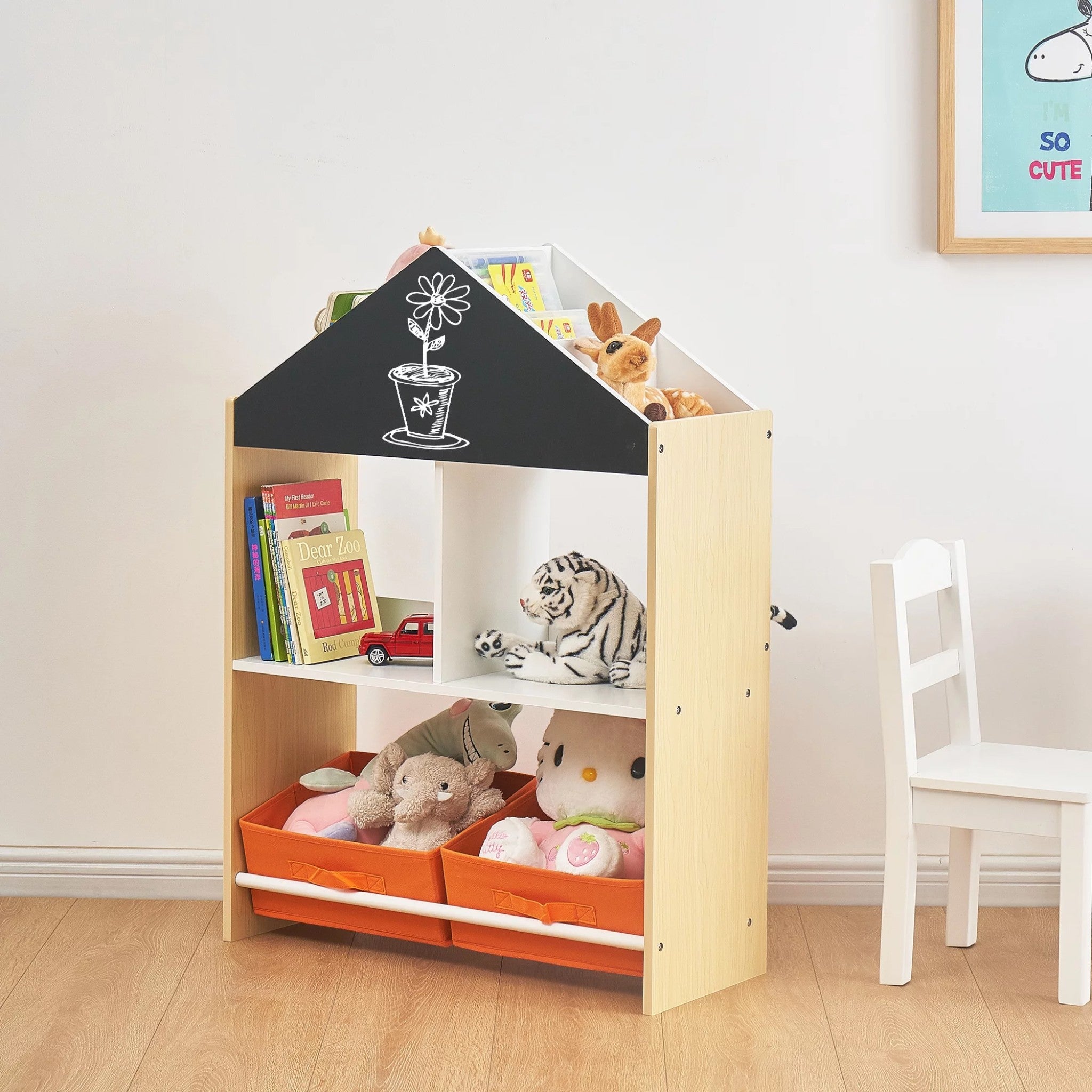 Dulap pentru copii Ginger Home, raft pentru jucării și cărți cu tablă, căsuță, lemn