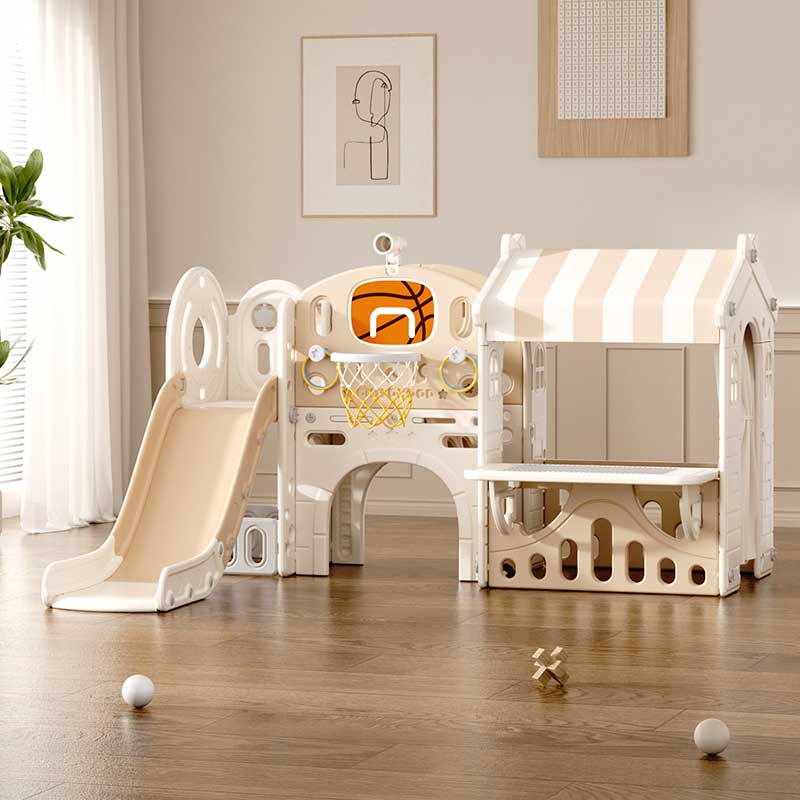 Детски Център За Игра С Пързалка, Къща И Баскетболен Кош, Кафяв Feelkids