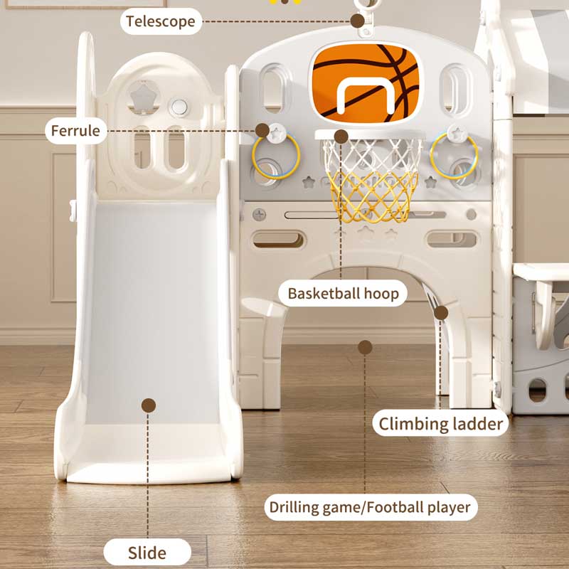 Детски Център За Игра С Пързалка, Къща И Баскетболен Кош, Сив Feelkids