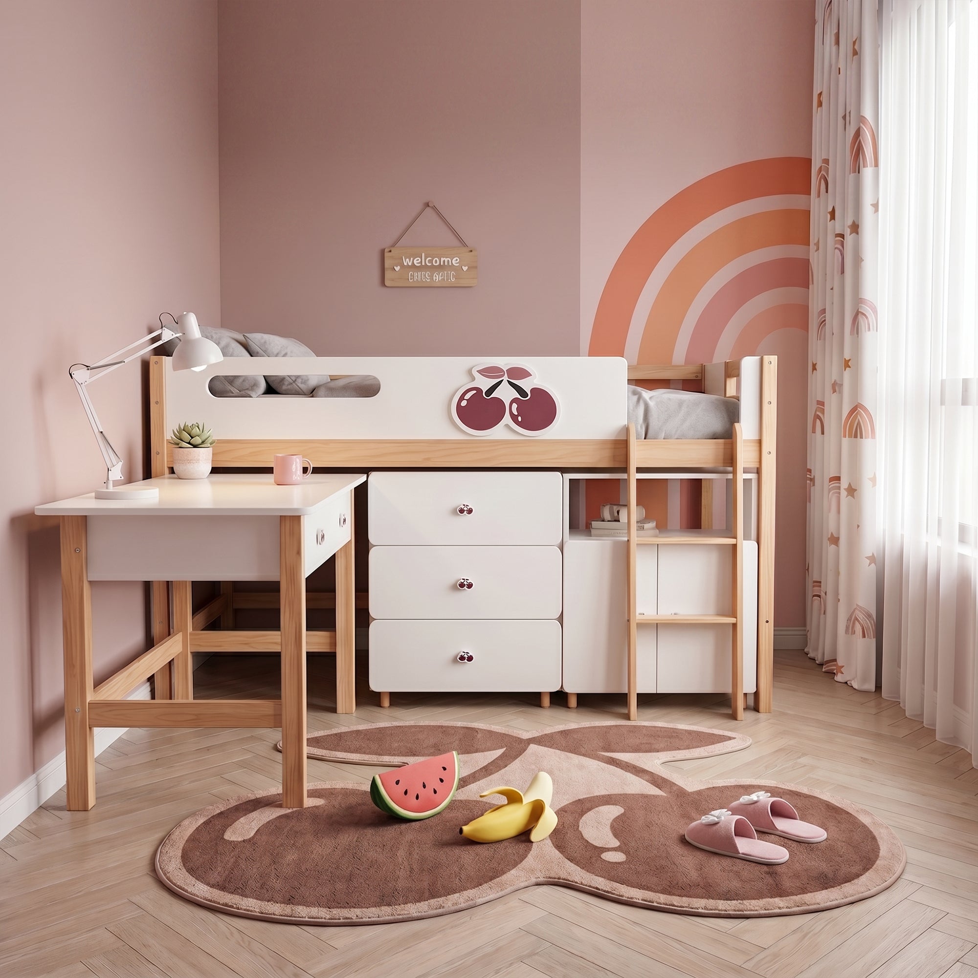 Детско Комбинирано Легло Cherry С Бюро, Скрин, Шкаф И Подматрачна Рамка, 90x200 См Ginger Home
