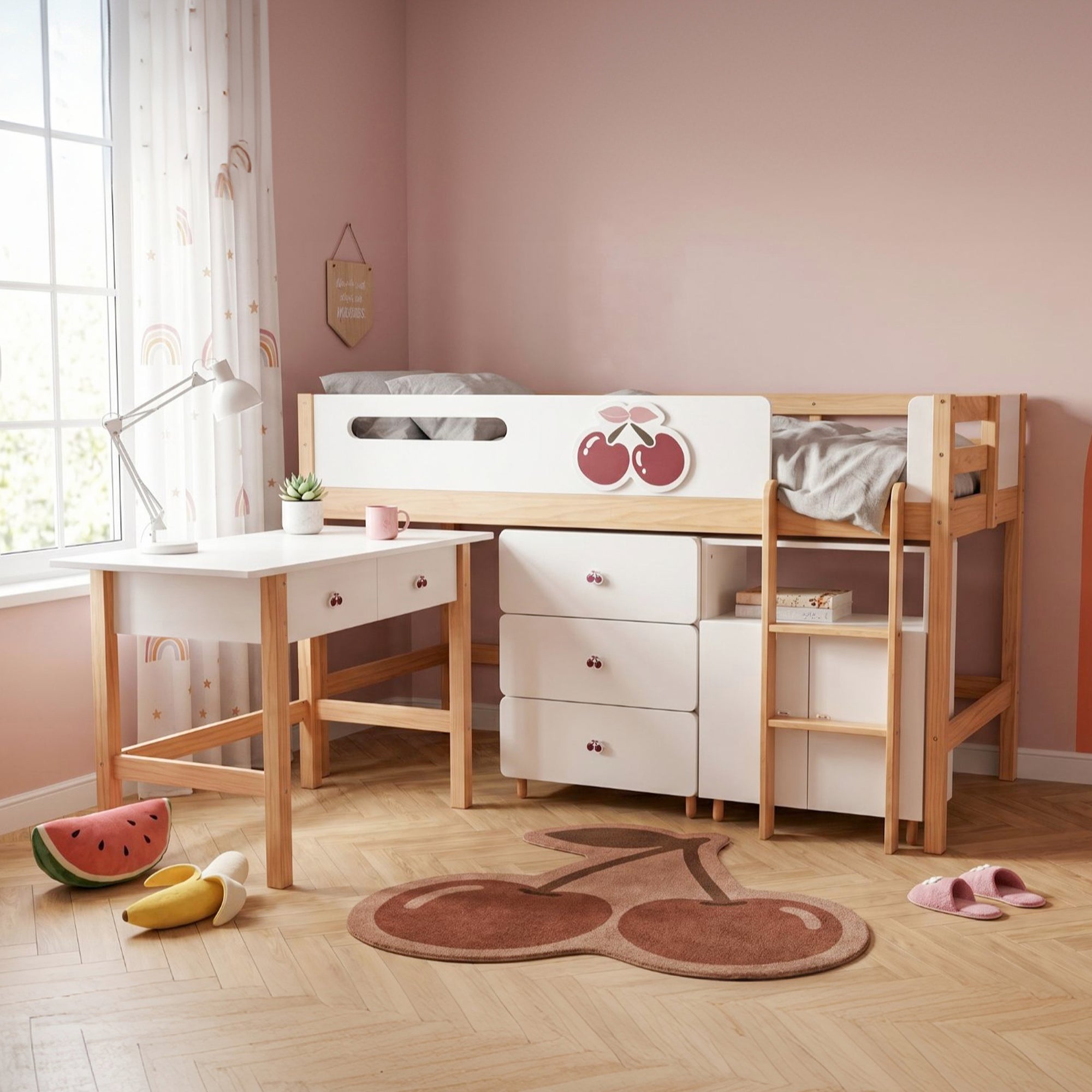 Детско Комбинирано Легло Cherry С Бюро, Скрин, Шкаф И Подматрачна Рамка, 90x200 См Ginger Home