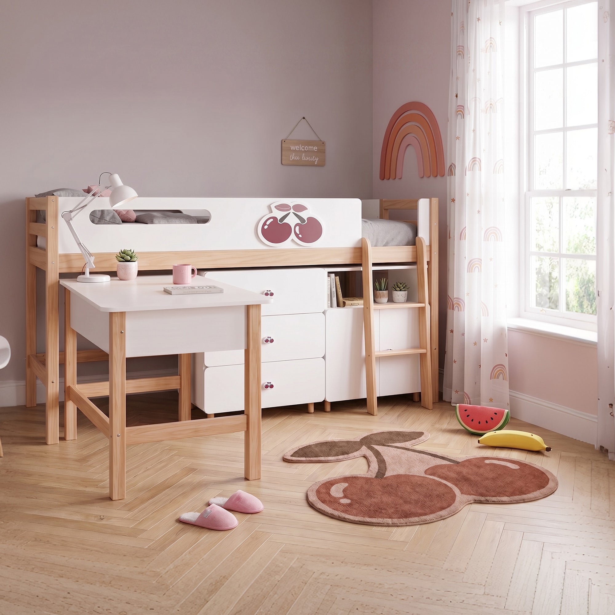 Детско Комбинирано Легло Cherry С Бюро, Скрин, Шкаф И Подматрачна Рамка, 90x200 См Ginger Home