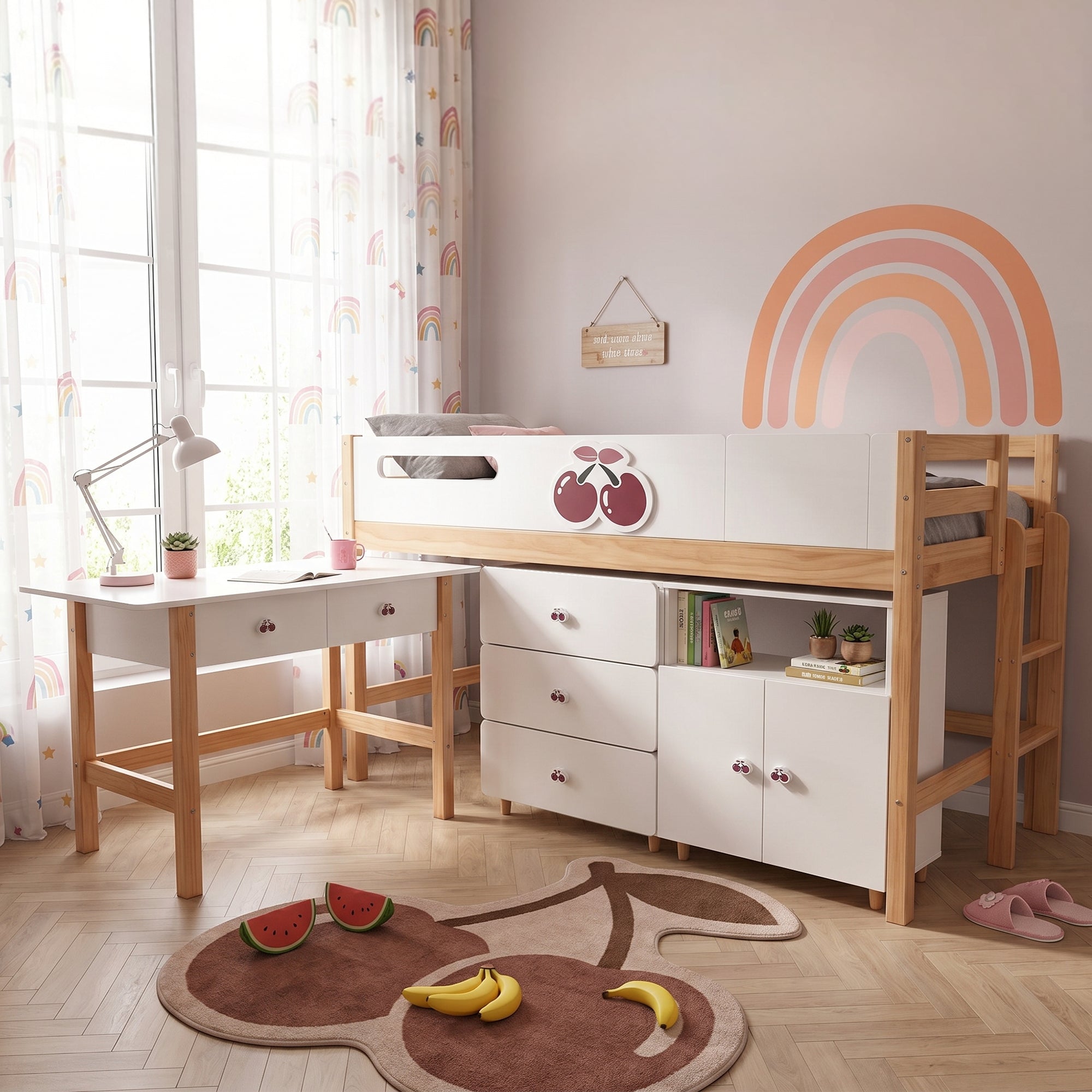 Детско Комбинирано Легло Cherry С Бюро, Скрин, Шкаф И Подматрачна Рамка, 90x200 См Ginger Home