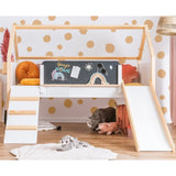 Детско Легло Къщичка Ginger Home, Монтесори, Двуетажно, Пързалка, Черна Дъска, Подматрачна Рамка 90Х200 См