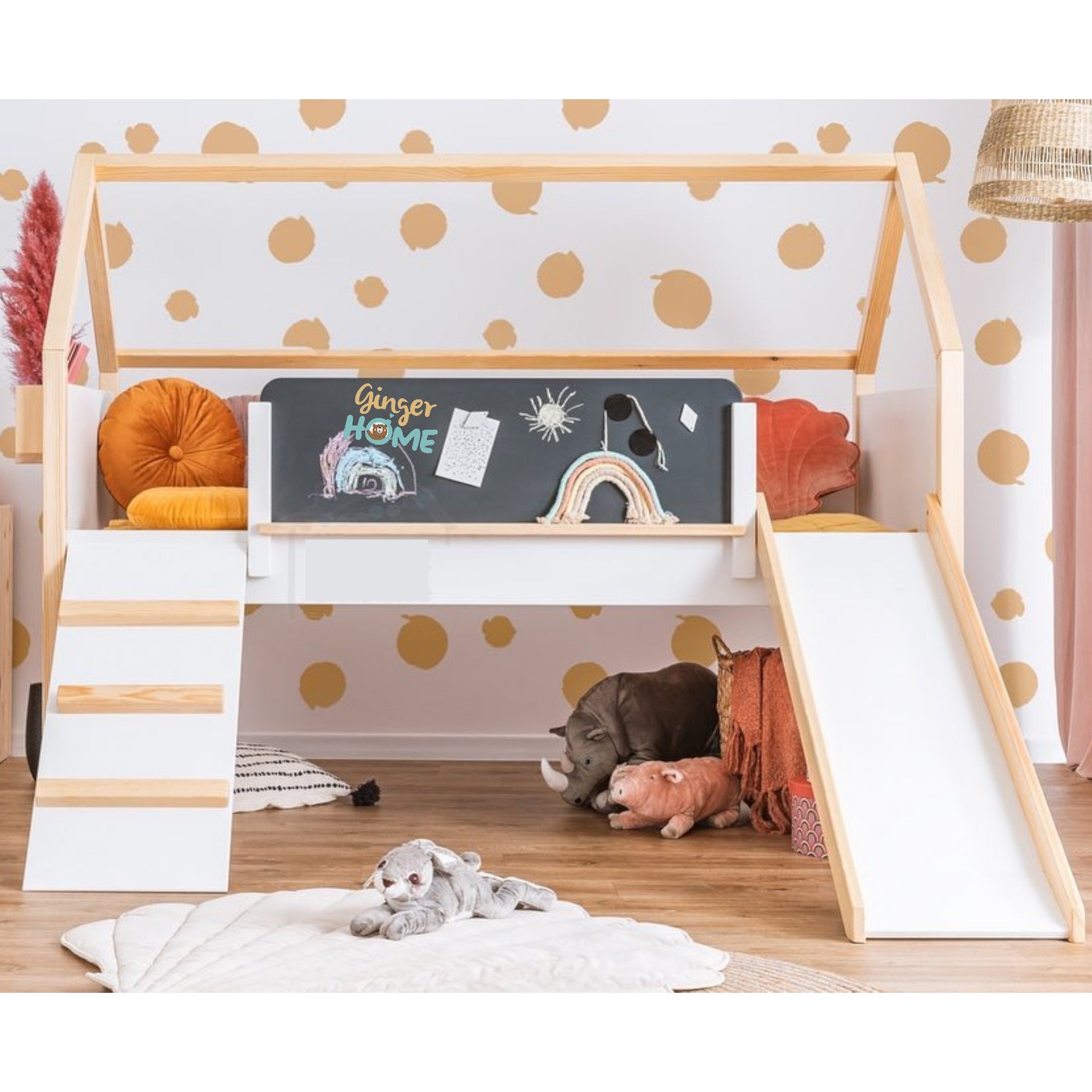 Pat pentru copii Ginger Home, Montessori, cu două niveluri, glisant, tablă neagră, cadru saltea 90x200 cm