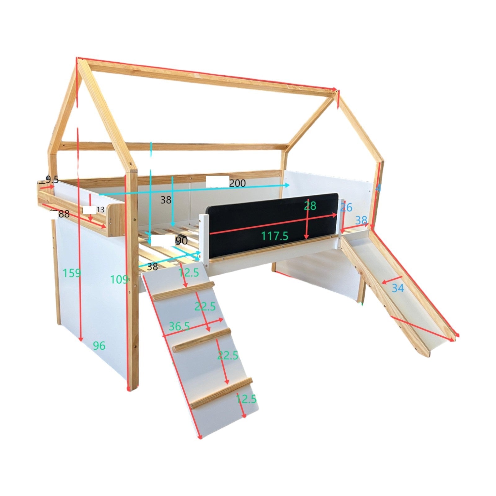 Детско Легло Къщичка Ginger Home, Монтесори, Двуетажно, Пързалка, Черна Дъска, Подматрачна Рамка 90Х200 См