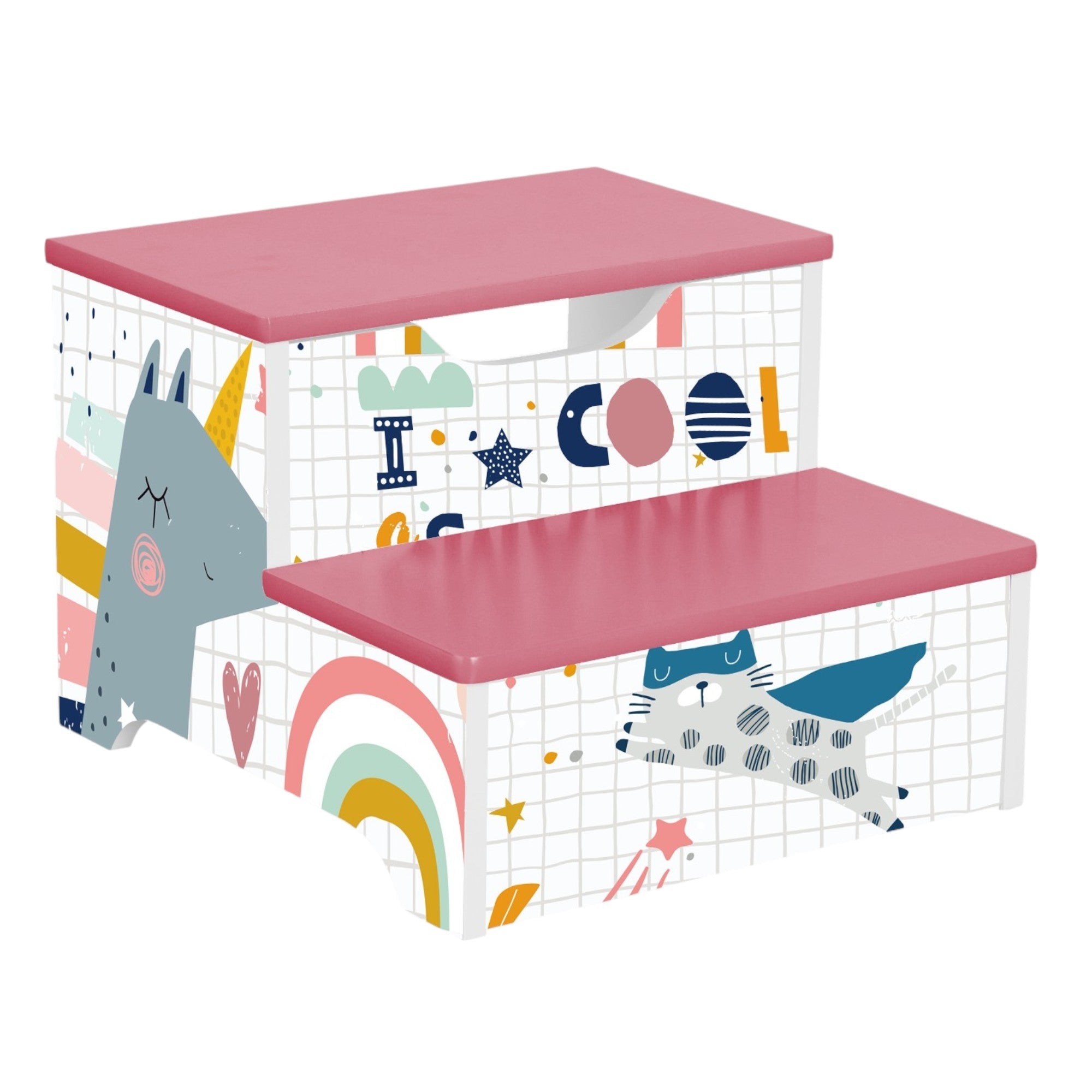 Детско Столче Ginger Home, Дървено Стъпало На 2 Нива, Стълба За Детска Стая, Розово, Super Girl