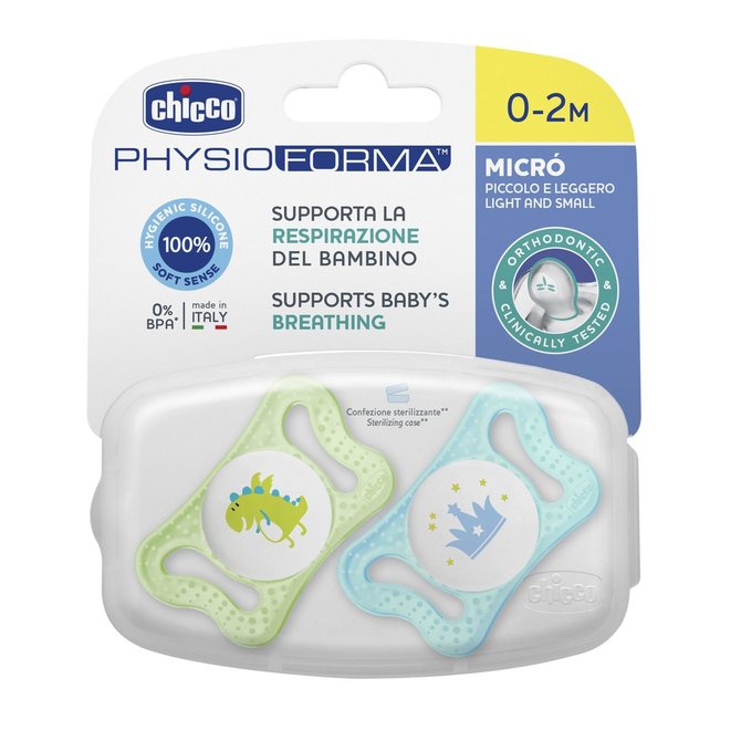 Залъгалка Chicco Physio Micro Силикон Ортодонтична Форма 0-2 Месеца 2 Бр Синя