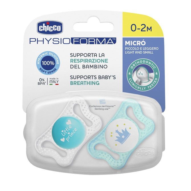 Залъгалка Chicco Physio Micro Силикон Ортодонтична Форма 0-2 Месеца 2 Бр Синя