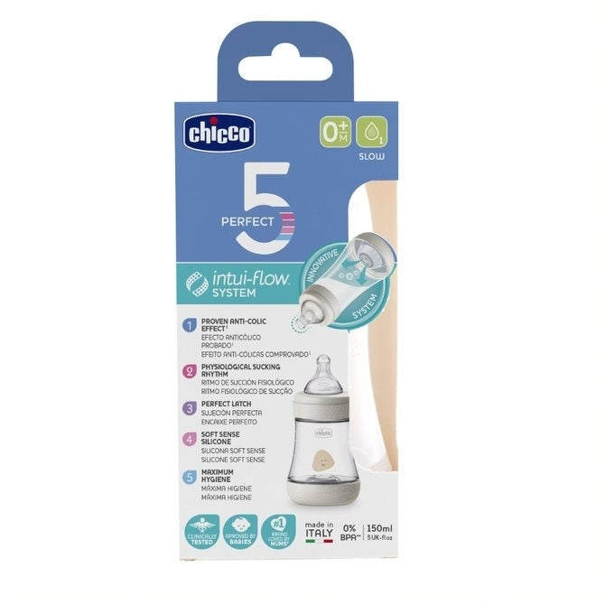 Бебешко Шише Chicco Perfect5 Pp, Силиконов Биберон, Бавен Поток, 150 Мл, 0+ Месеца, Бежово --- BebeMama