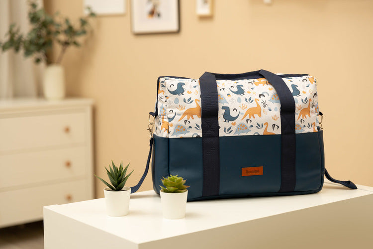 Еко Кожена Чанта За Количка- Dinosaurs Blue --- BebeMama