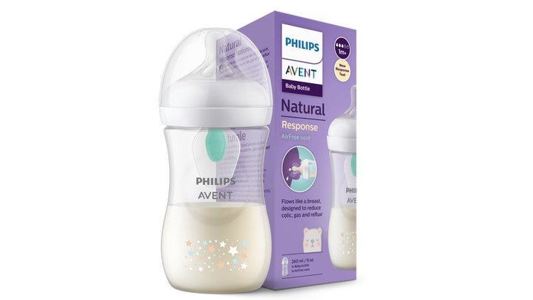 Бебешко Шише За Хранене Philips Avent Natural Response С Клапа Airfree, 260 Мл., 1+ Месеца, Звезди И Мече --- BebeMama