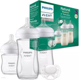 Set Philips Avent pentru bebeluși cu 3 biberoane din sticlă cu răspuns natural, tetine anti-scurgeri și suzetă