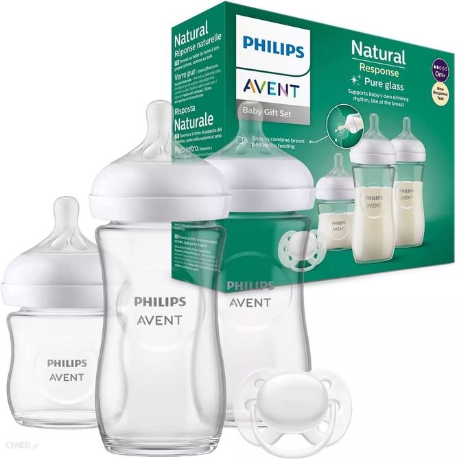 Set Philips Avent pentru bebeluși cu 3 biberoane din sticlă cu răspuns natural, tetine anti-scurgeri și suzetă