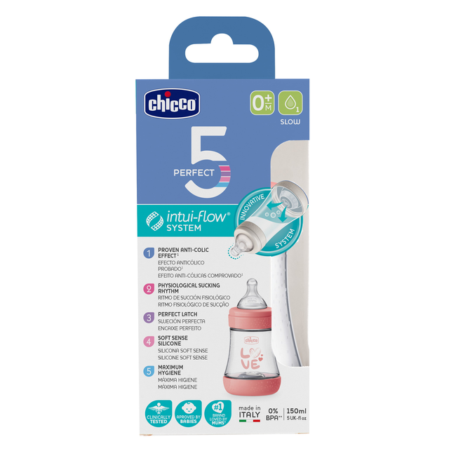 Chicco Perfect5 150ml lassú folyású cumisüveg, lányos