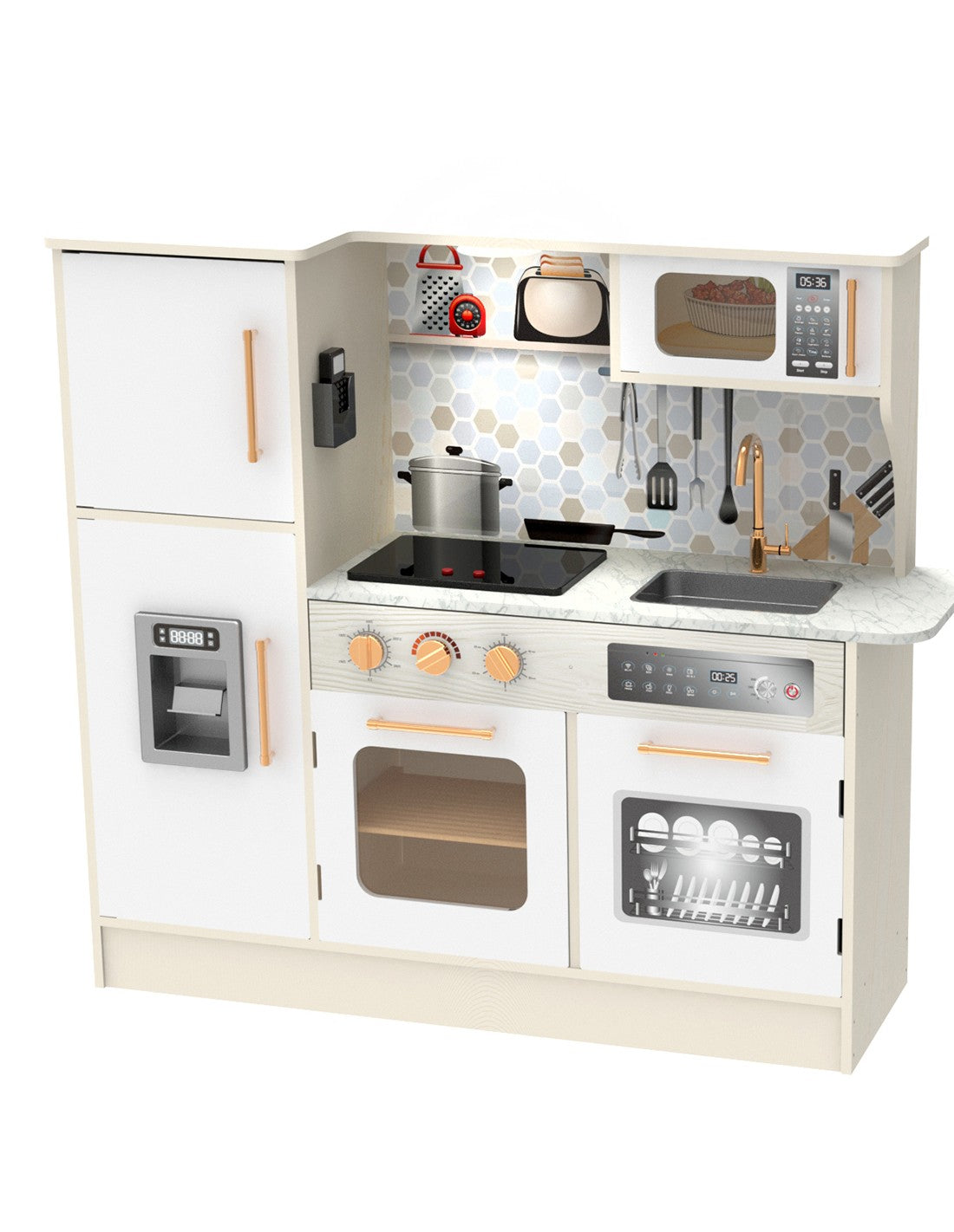 Голяма дървена кухня за игра, бяла --- BebeMama