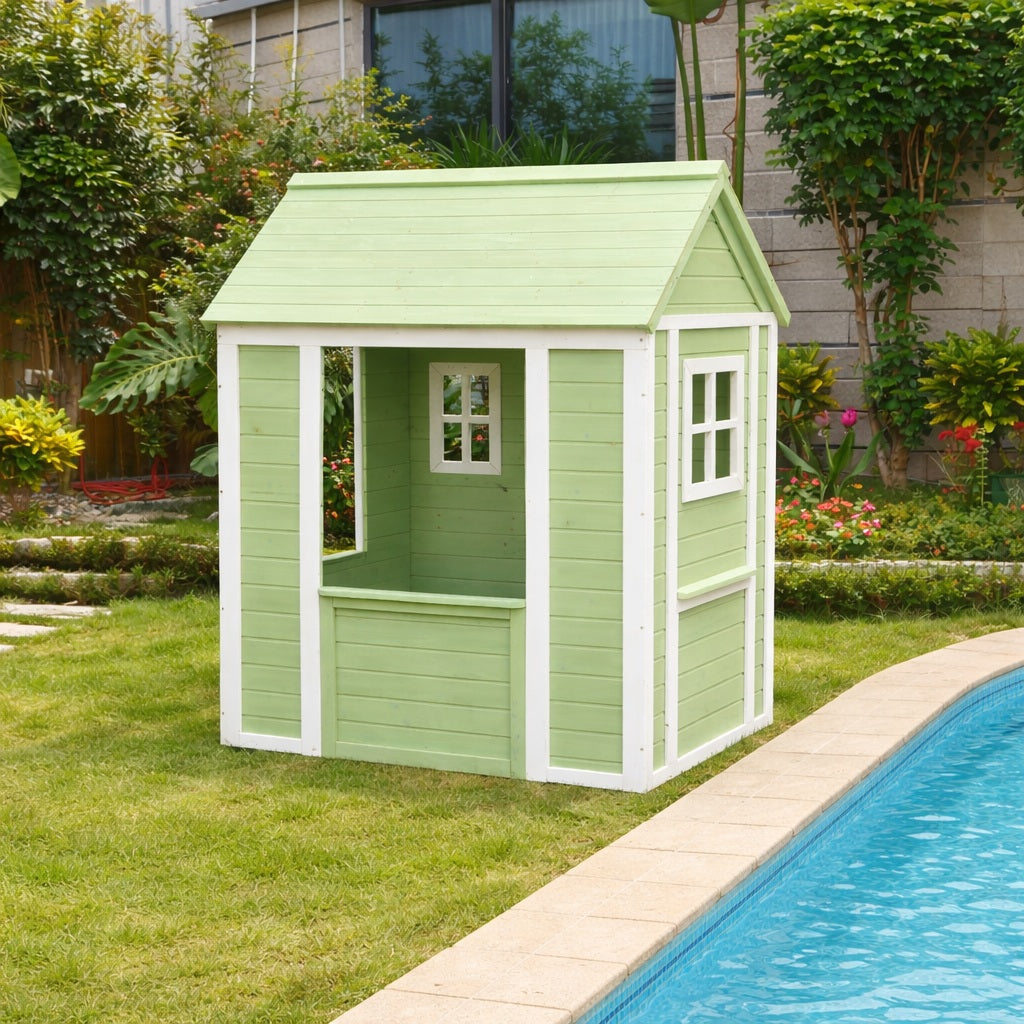 Детска Дървена Къщичка За Игра На Открито Градинска Къща За Деца, Зелено И Бяло, 107×90×144 См Ginger Home