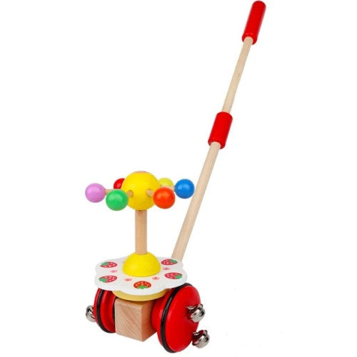 Дървена Играчка За Бутане С Въртящи Елементи - Жълто И Червено
