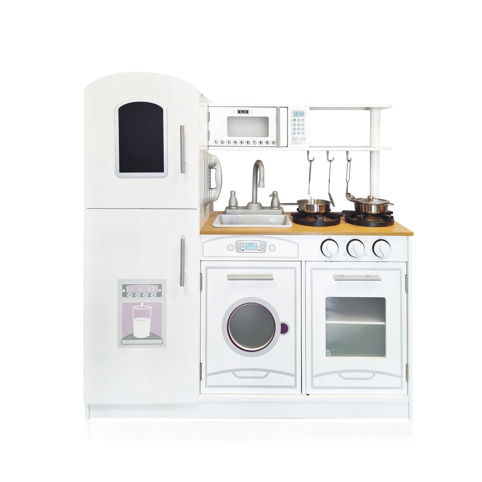 Bucătărie din lemn cu vase metalice 85,50 cm.