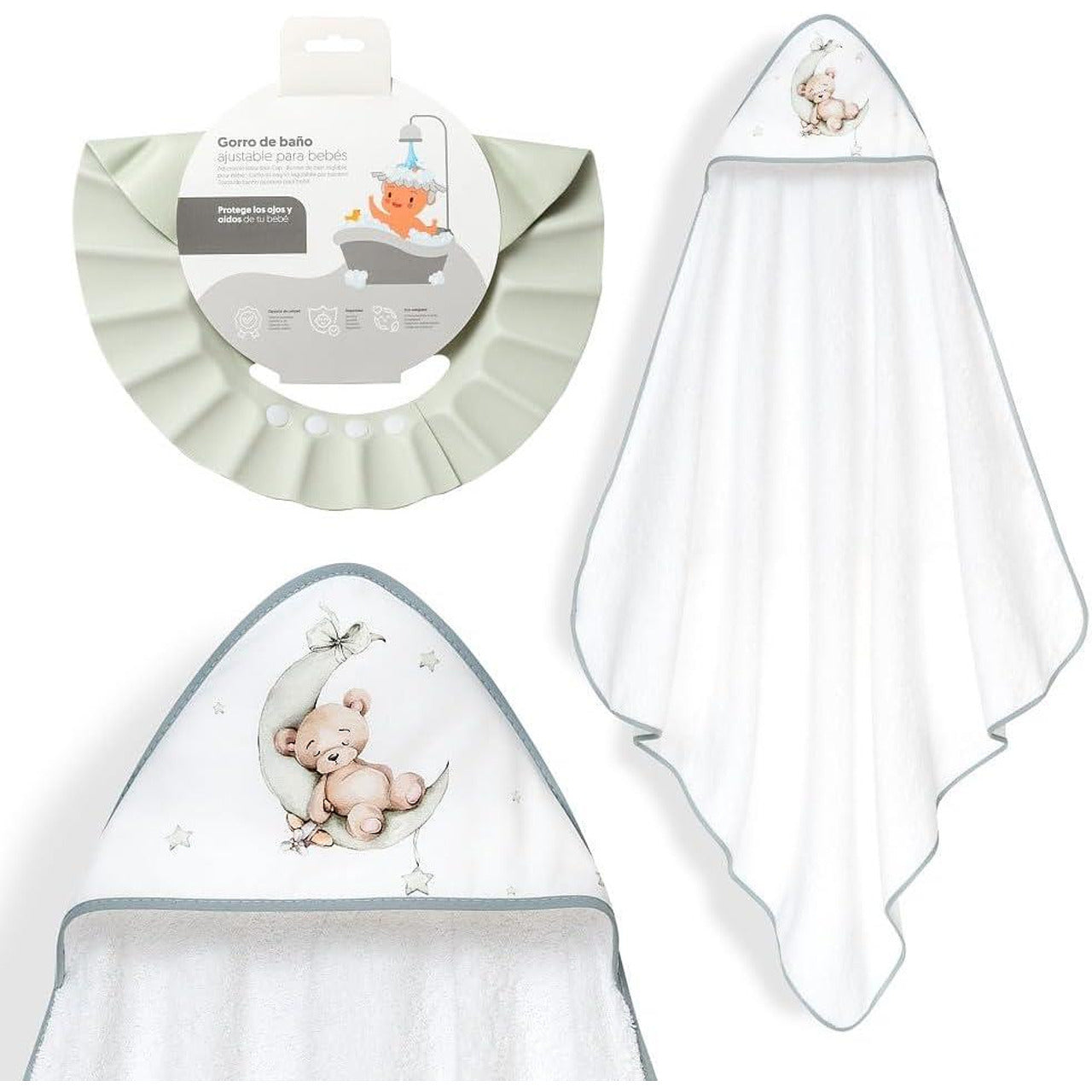 Комплект Бебешка Хавлия 100x100 См. + Козирка Oso Luna Estrellas White Green Interbaby