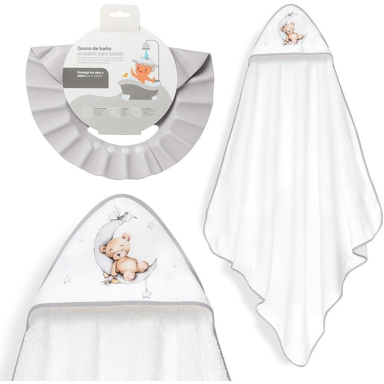 Комплект Бебешка Хавлия 100x100 См. + Козирка Oso Luna Estrellas White Grey Interbaby