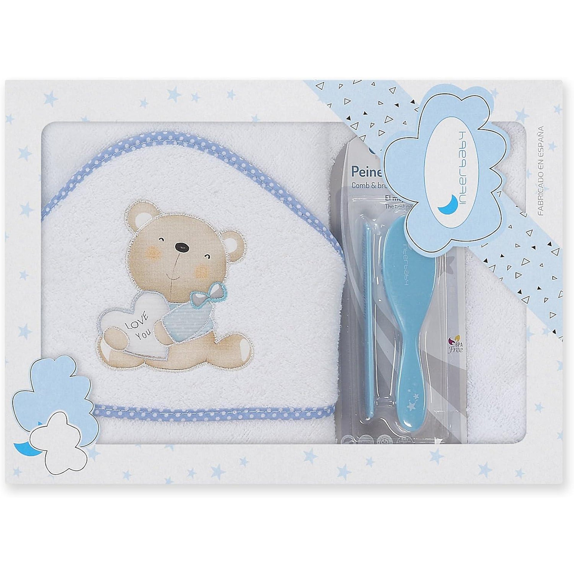 Комплект Бебешка Хавлия 100x100 См. С Гребен И Четка Love You White Blue Interbaby