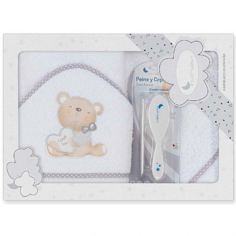 Комплект Бебешка Хавлия 100x100 См. С Гребен И Четка Love You White Grey Interbaby