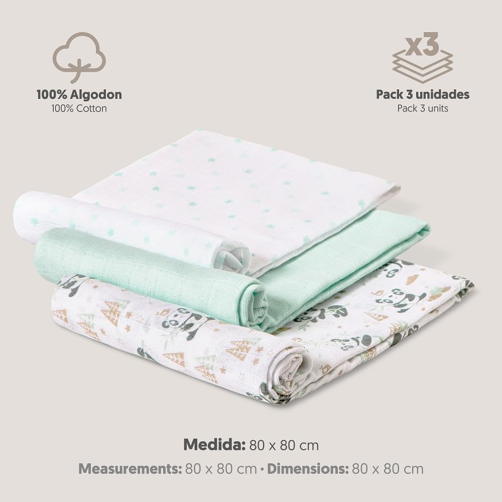 Муселинови Пелени 80х80 См 3бр Panda Green Interbaby