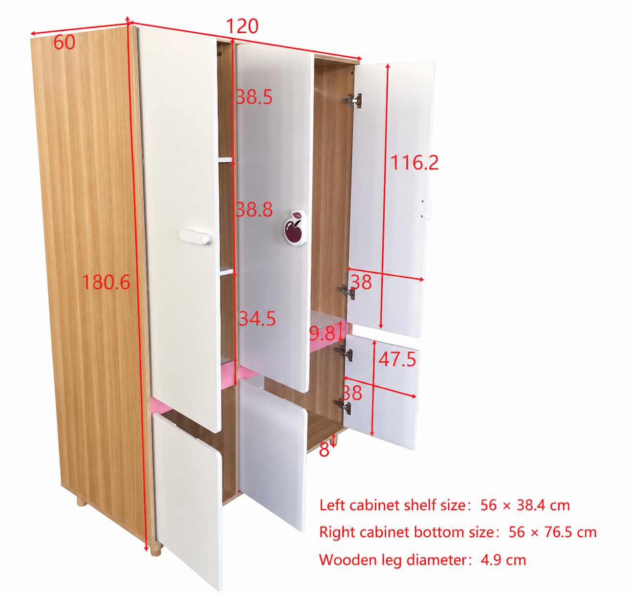 Комплект Детска Стая Cherry С Комбинирано Легло 90x200 См, Бюро, Скрин, Шкаф И Трикрилен Гардероб, Бяло, Розово И Натурално Дърво Ginger Home