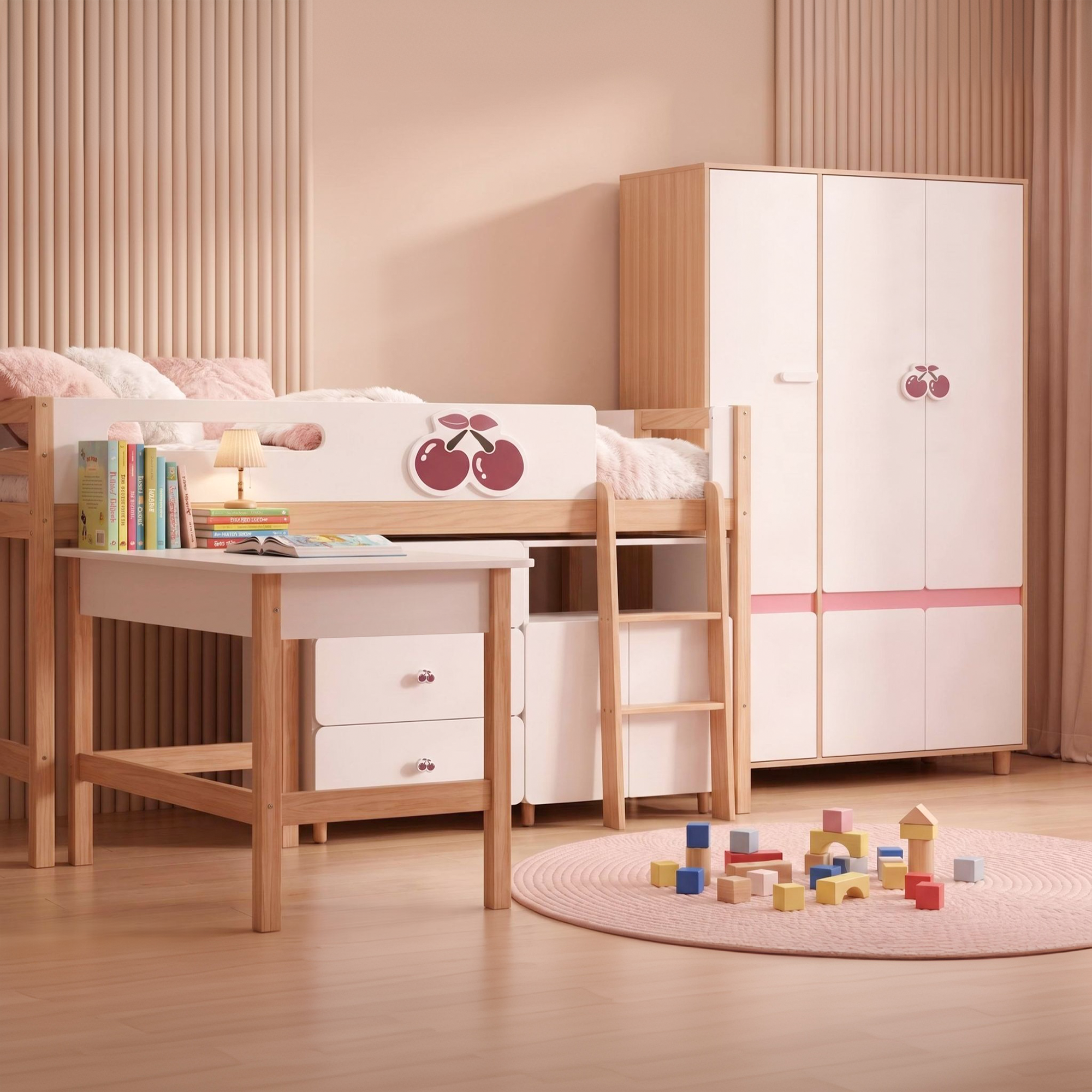 Комплект Детска Стая Cherry С Комбинирано Легло 90x200 См, Бюро, Скрин, Шкаф И Трикрилен Гардероб, Бяло, Розово И Натурално Дърво Ginger Home