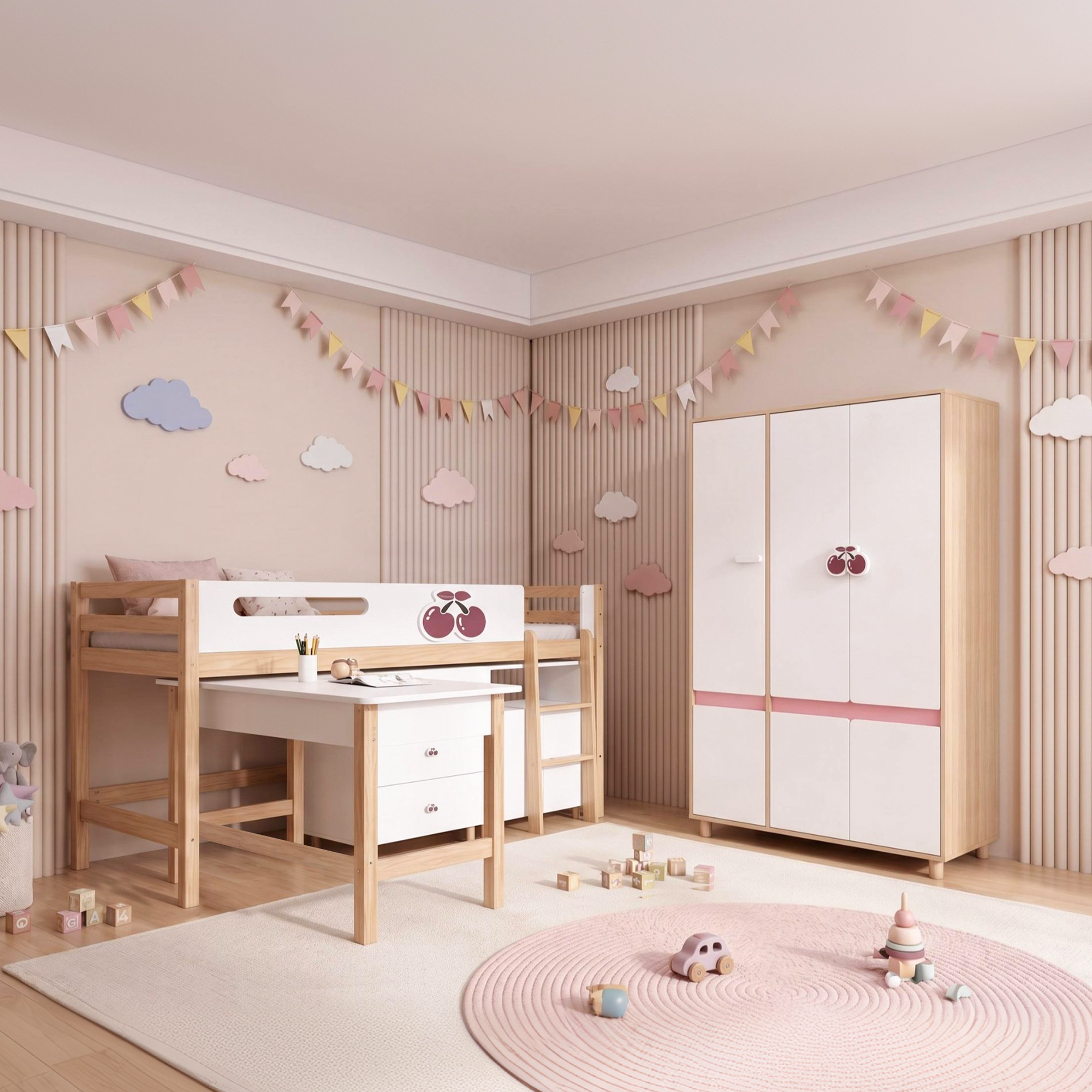 Комплект Детска Стая Cherry С Комбинирано Легло 90x200 См, Бюро, Скрин, Шкаф И Трикрилен Гардероб, Бяло, Розово И Натурално Дърво Ginger Home