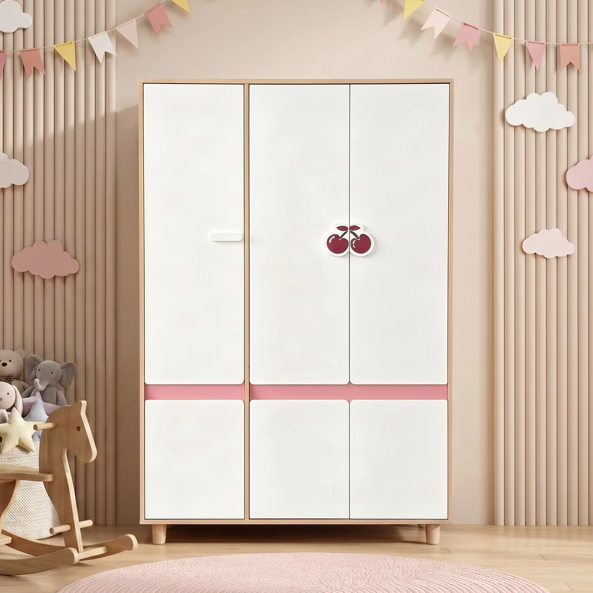 Комплект Детска Стая Cherry С Комбинирано Легло 90x200 См, Бюро, Скрин, Шкаф И Трикрилен Гардероб, Бяло, Розово И Натурално Дърво Ginger Home