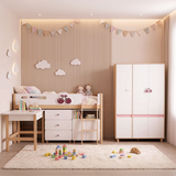Комплект Детска Стая Cherry С Комбинирано Легло 90x200 См, Бюро, Скрин, Шкаф И Трикрилен Гардероб, Бяло, Розово И Натурално Дърво Ginger Home