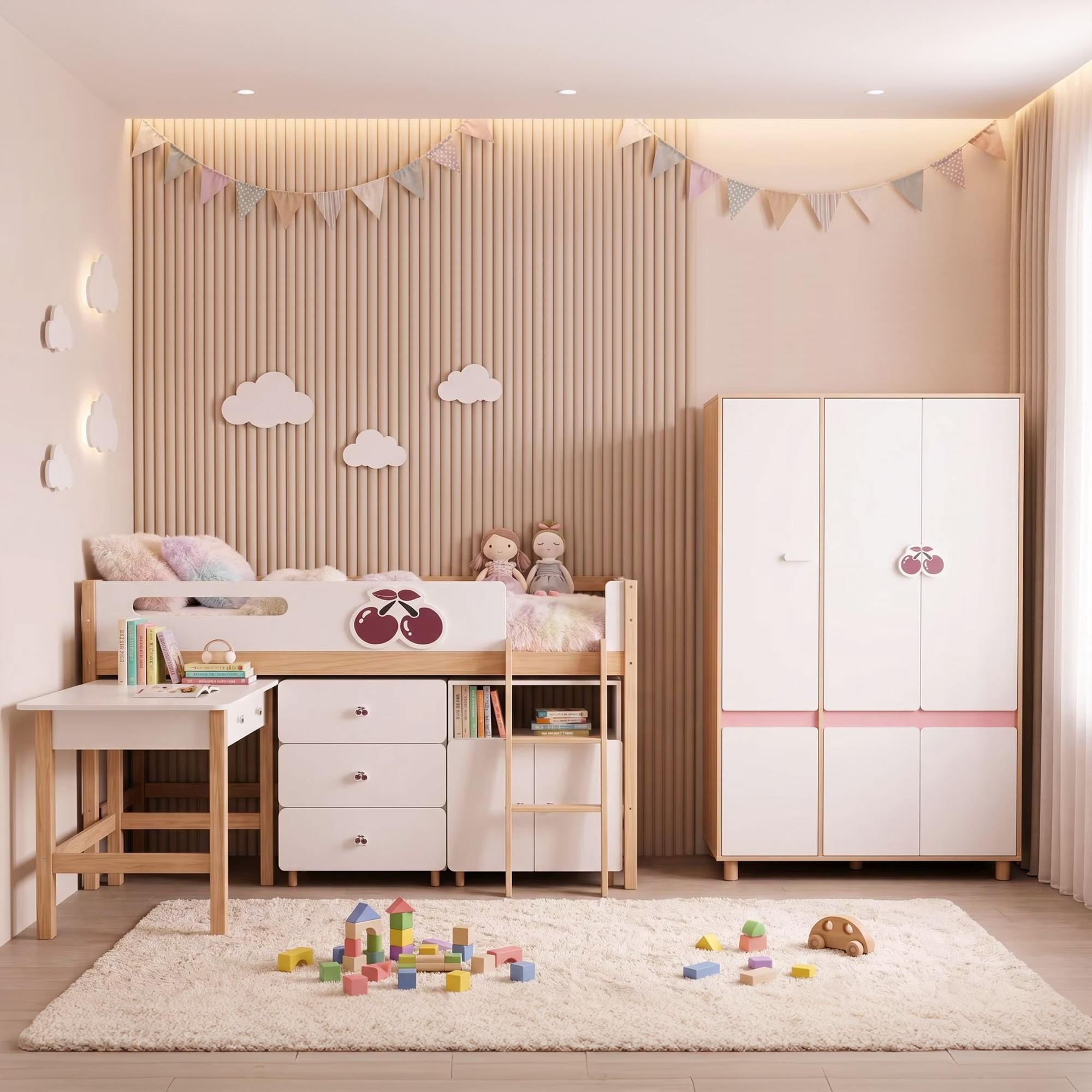 Комплект Детска Стая Cherry С Комбинирано Легло 90x200 См, Бюро, Скрин, Шкаф И Трикрилен Гардероб, Бяло, Розово И Натурално Дърво Ginger Home