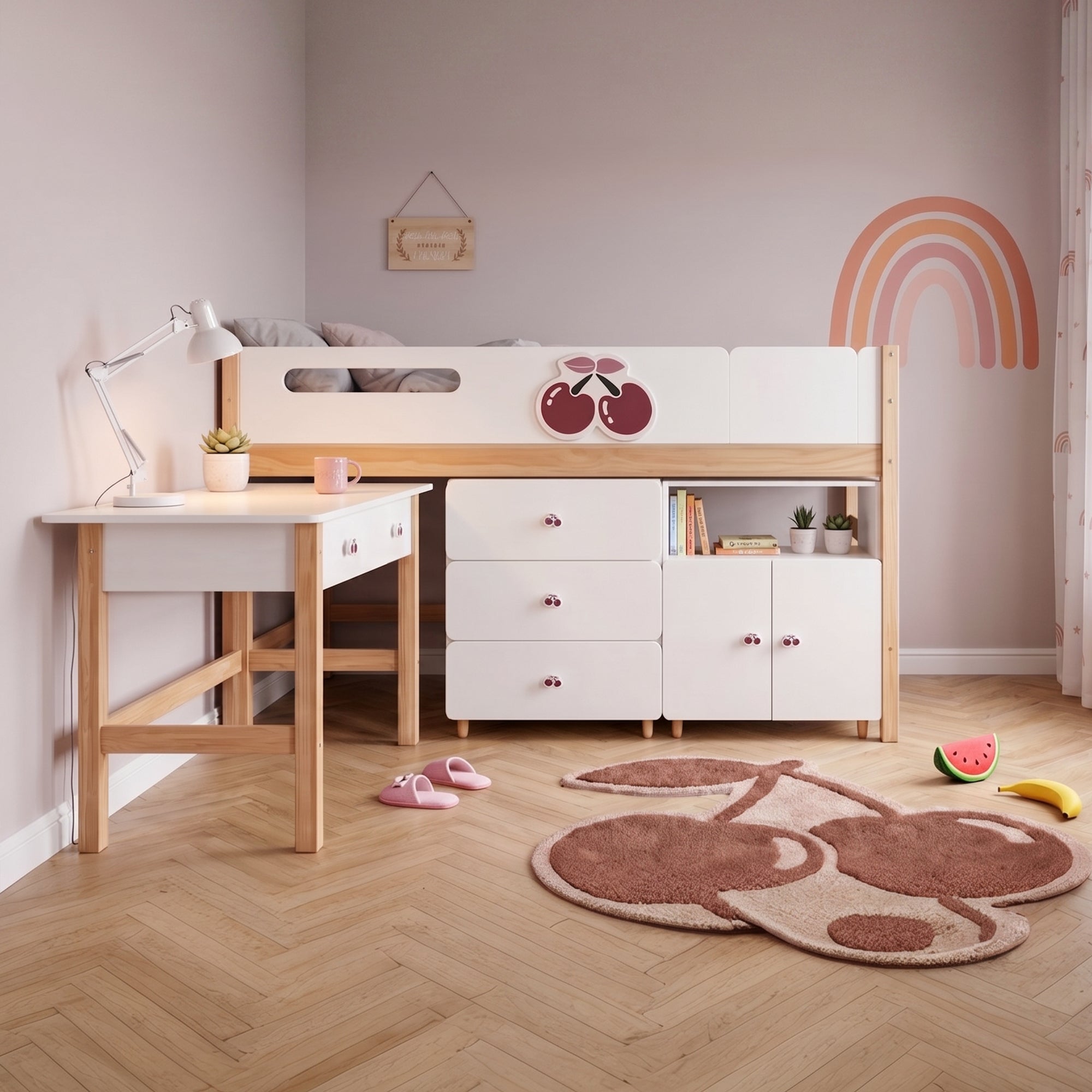 Комплект Детска Стая Cherry С Комбинирано Легло 90x200 См, Бюро, Скрин, Шкаф И Трикрилен Гардероб, Бяло, Розово И Натурално Дърво Ginger Home