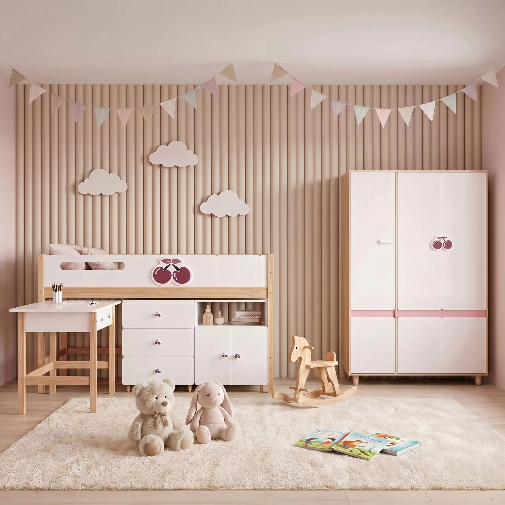 Комплект Детска Стая Cherry С Комбинирано Легло 90x200 См, Бюро, Скрин, Шкаф И Трикрилен Гардероб, Бяло, Розово И Натурално Дърво Ginger Home