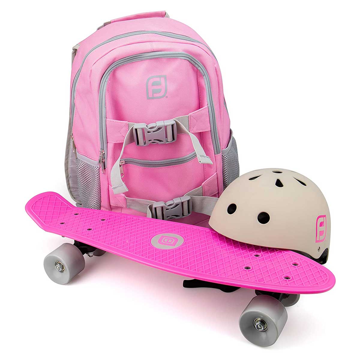 Комплект Раница + Каска + Скейтборд Funbeе Розов/ Сив - Детски Раници - D'Arpeje - BebeMama