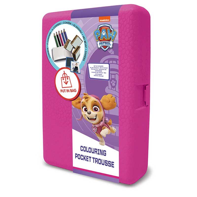 Cutie de depozitare roz „Patrula Cățelușilor” cu accesorii de colorat și 3 ștampile