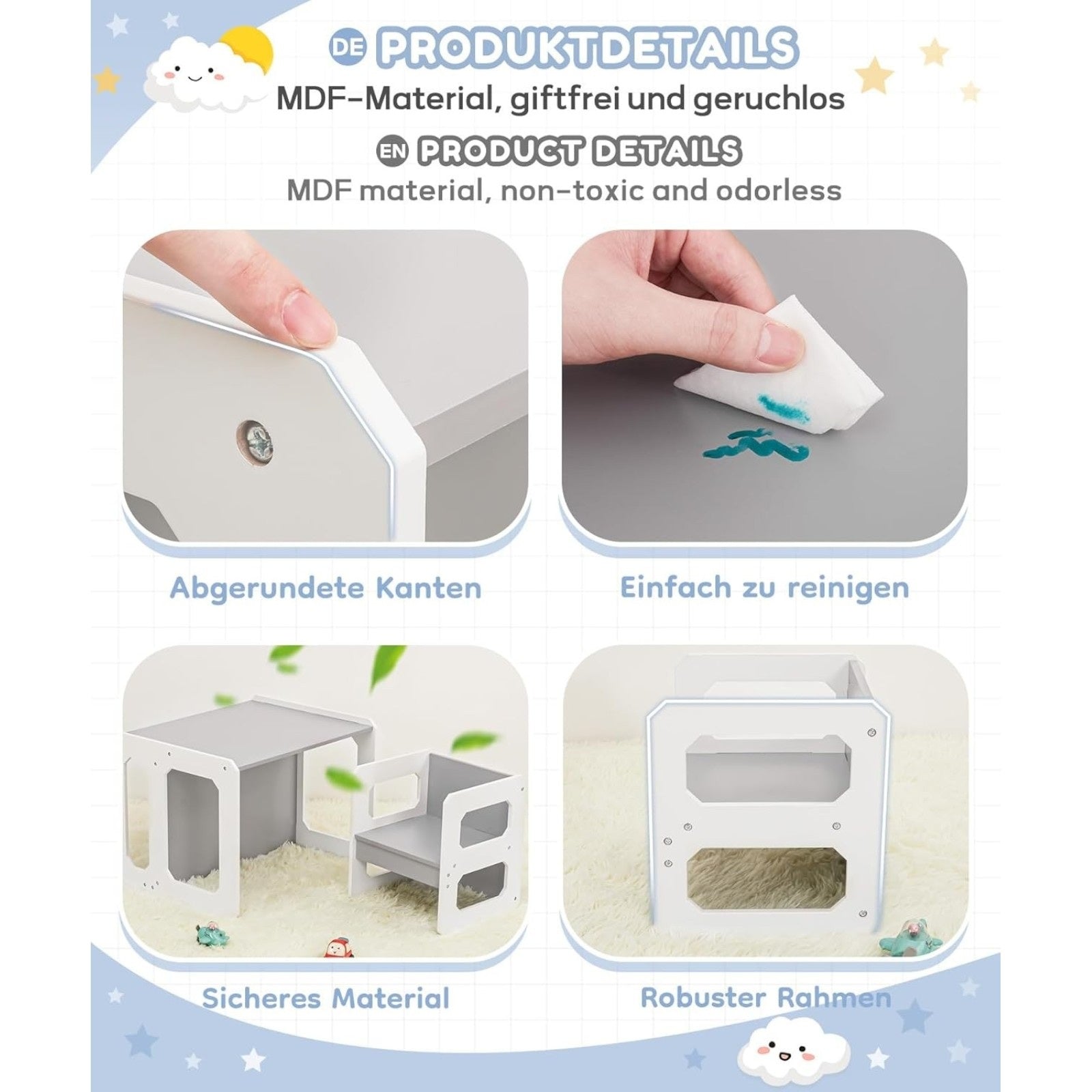 Монтесори Детска Маса И Столче Дървен Комплект 3 В 1, Бяло И Сиво Ginger Home