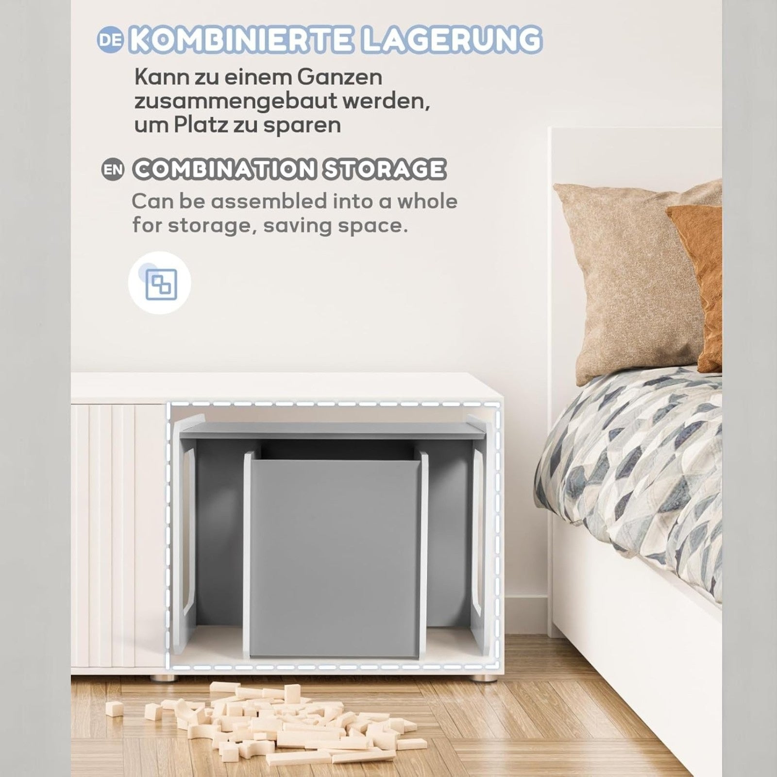 Монтесори Детска Маса И Столче Дървен Комплект 3 В 1, Бяло И Сиво Ginger Home