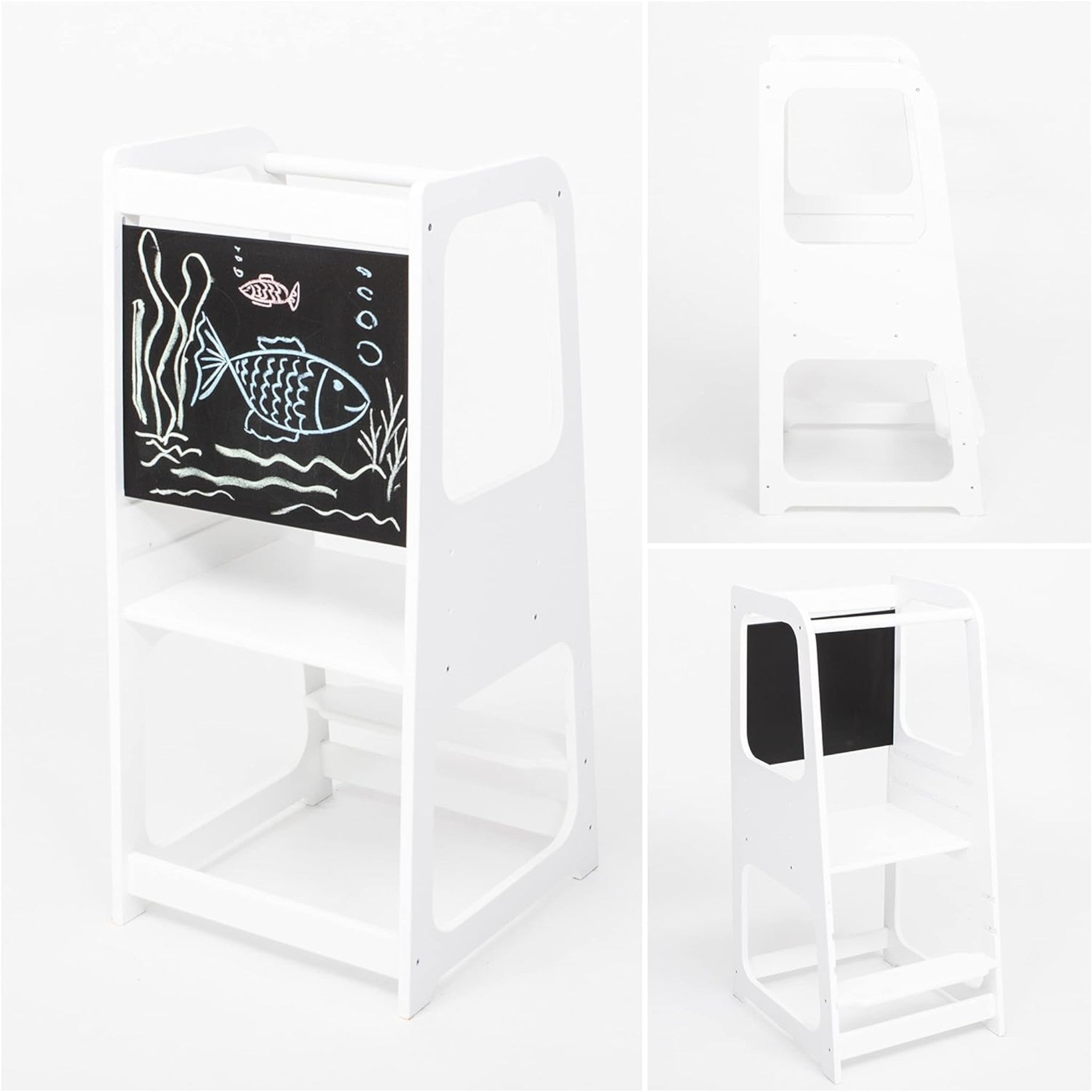 Turnul Montessori Ginger Home, scaun educațional cu tablă și înălțime reglabilă, alb, pentru copii între 1 și 4 ani