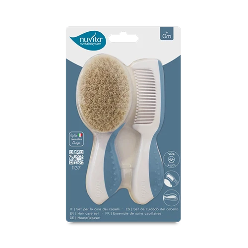 Гребен С Четка Естествен Косъм Powder Blue 1137 Nuvita