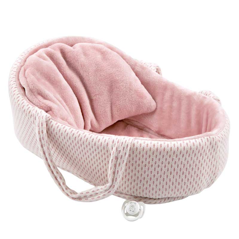 Păpușa plângătoare Lucia în coș roz și suzetă - 40 cm