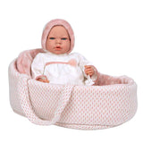 Păpușa plângătoare Lucia în coș roz și suzetă - 40 cm