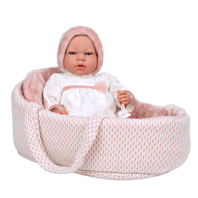 Păpușa plângătoare Lucia în coș roz și suzetă - 40 cm